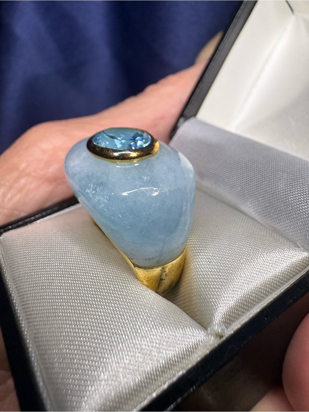 Ring Blue Amazonite Cabochon Blue Topaz Gold Vermeil Sterling Silver - Picture 2 of 10